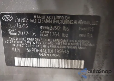 2013 Hyundai Elantra Limited from USA, damaged, VIN 5NPDH4AE1DH199645